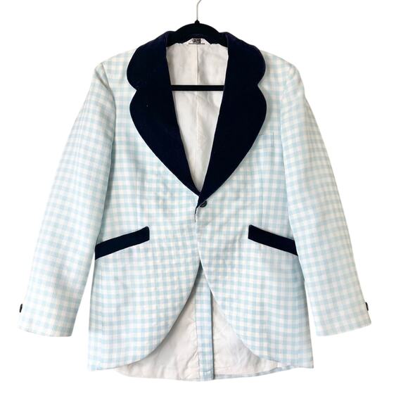 Vintage 60s Men's Blue Gingham Checkered Blazer with Bow Tie Size 38 Short - Picture 2 of 10